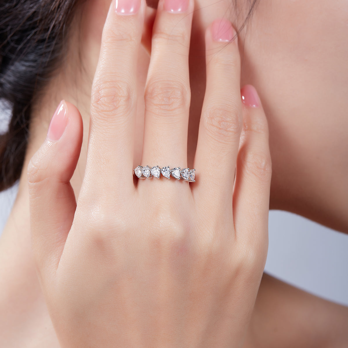 2.1 CT D Color Pear Cut Moissanite Eternity Band in White Gold Plated Sterling Silver#7