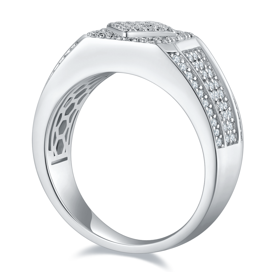0.94 CT D Color Moissanite Melee Halo Men's Band in White Gold Plated Sterling Silver#0