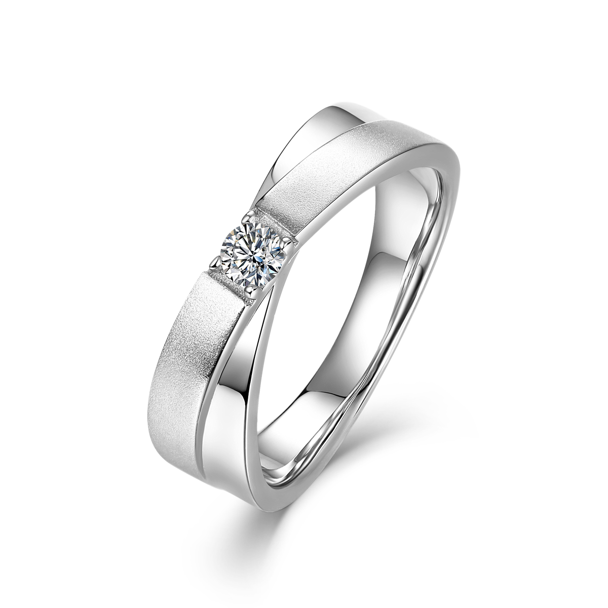 0.2 CT D Color Moissanite Criss-Cross Couple's Band (Men's) in White Gold Plated Sterling Silver#4