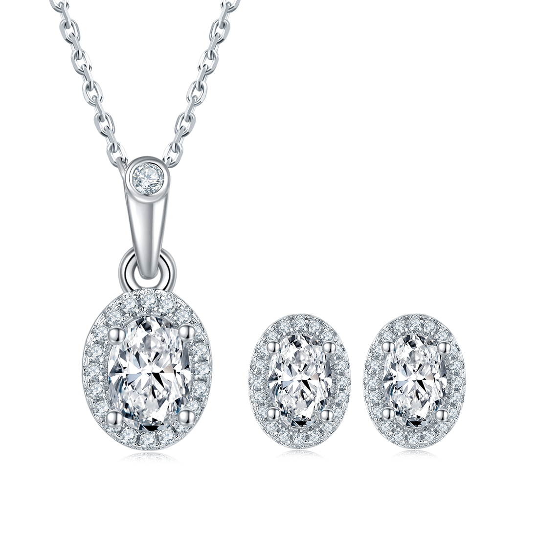 Oval Cut Moissanite Dainty Pendant & Stud Earrings Set in White Gold Plated Sterling Silver#4