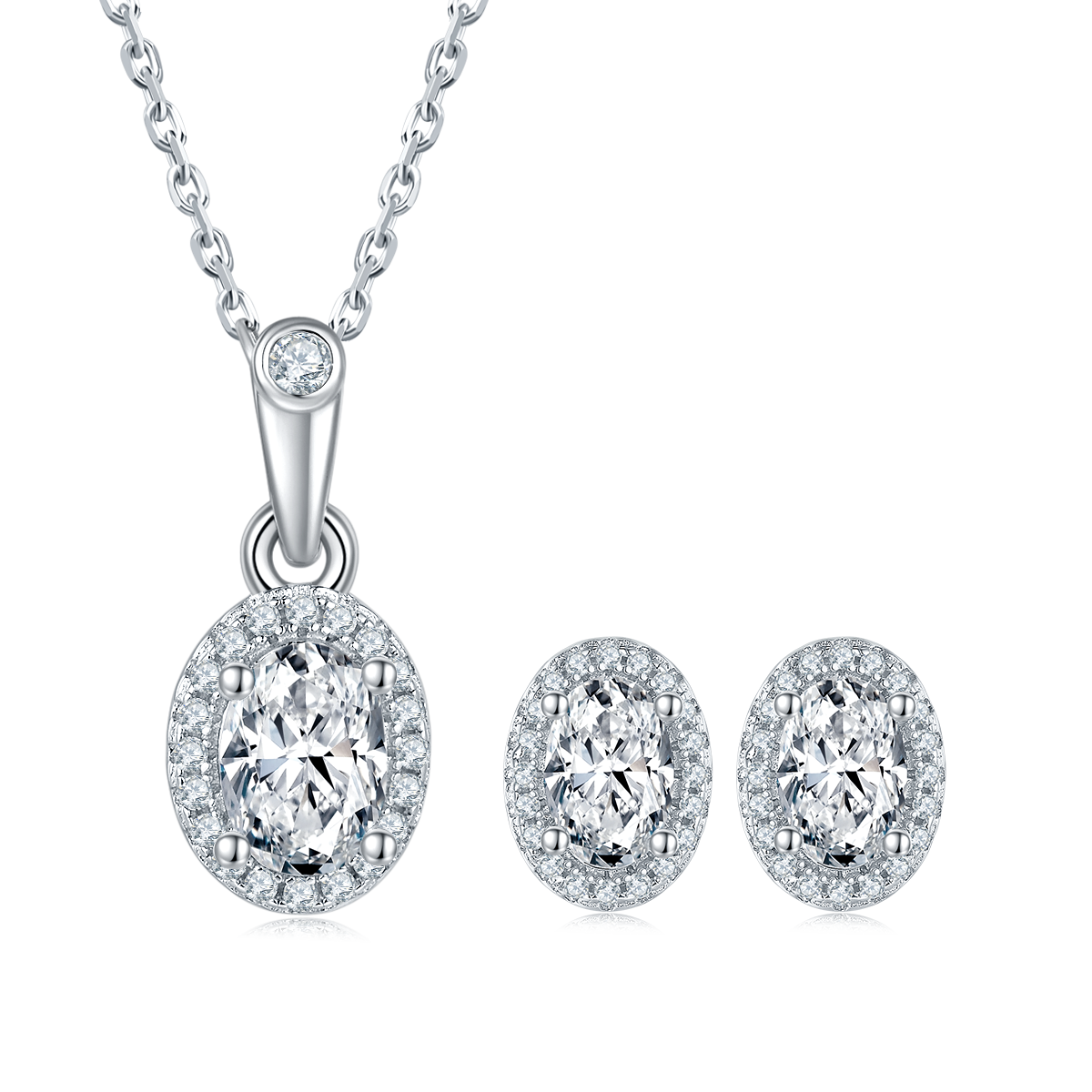 Oval Cut Moissanite Dainty Pendant & Stud Earrings Set in White Gold Plated Sterling Silver#4