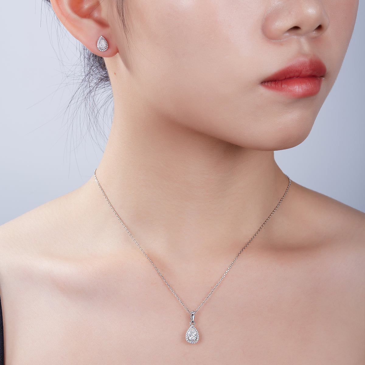 Pear Cut Moissanite Dainty Pendant & Stud Earrings Set in White Gold Plated Sterling Silver#10
