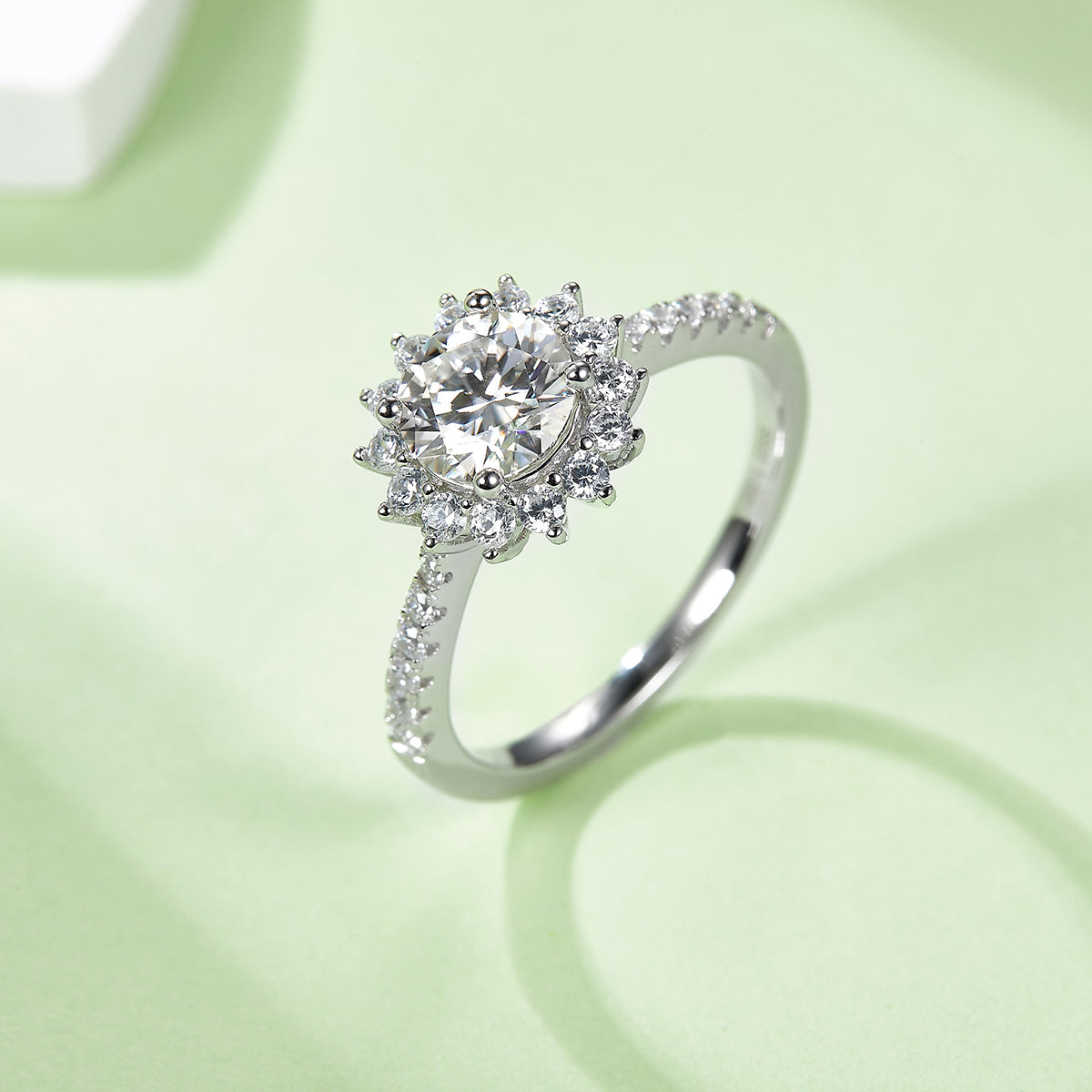 1.0 CT D Color Moissanite Sunflower Custom Ring in White Gold Plated Sterling Silver#7