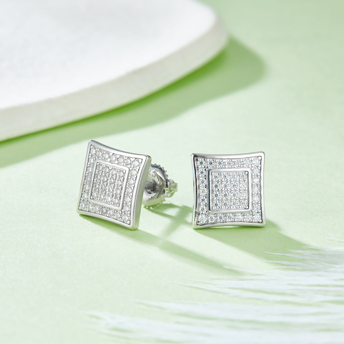 0.41 CT D Color Moissanite Melee Princess Cut Double Circle Screw Back Studs in Sterling Silver#3