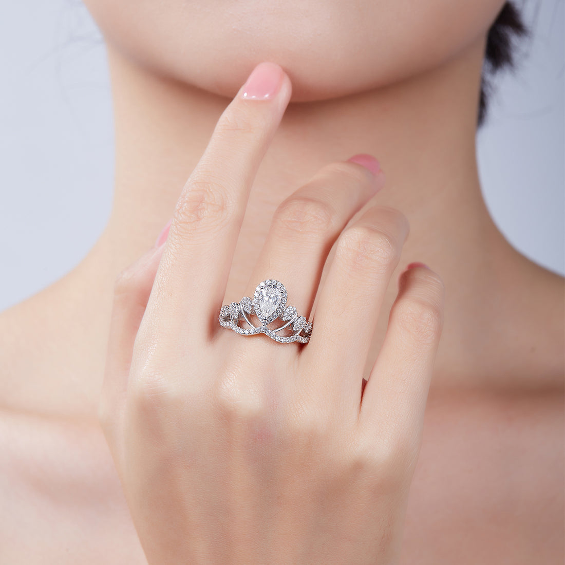 1.0 CT D Color Colored Moissanite V-Shaped Queen Pear Ring in White Gold Plated Sterling Silver#15