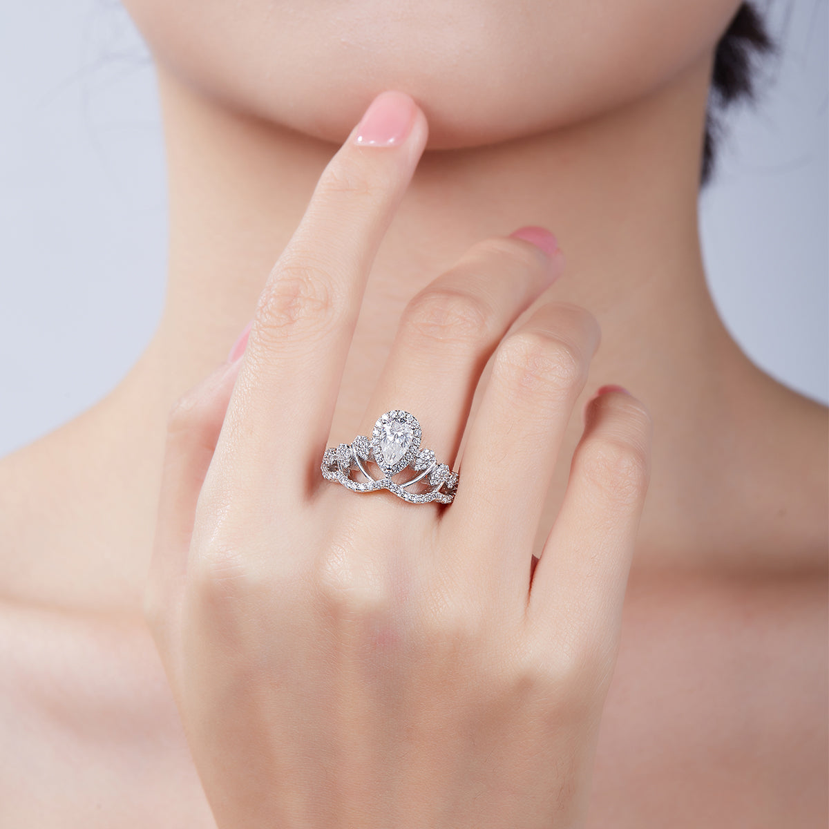1.0 CT D Color Colored Moissanite V-Shaped Queen Pear Ring in White Gold Plated Sterling Silver#15