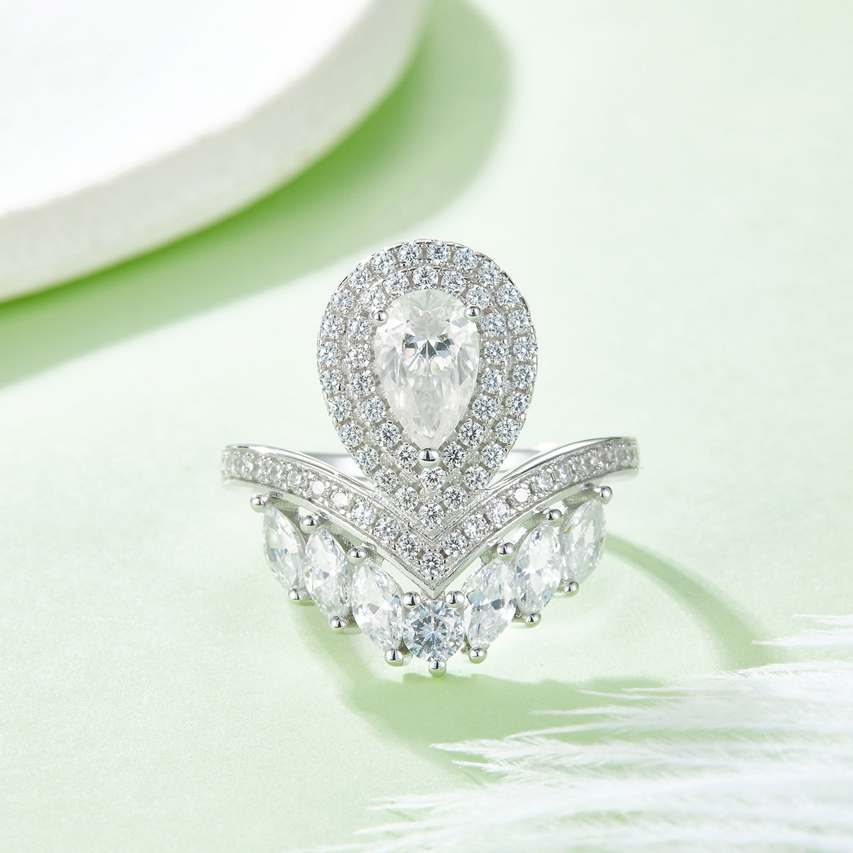 1.0 CT D Color Colored Moissanite V-Shaped Pearl Pear Drop Ring in White Gold Plated Sterling Silver#7