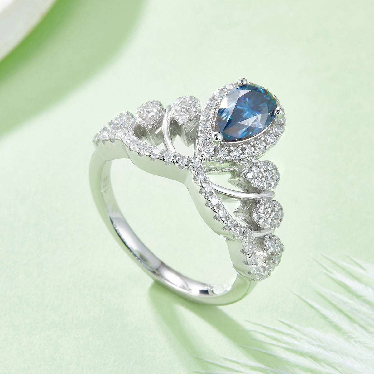 1.0 CT D Color Colored Moissanite V-Shaped Queen Pear Ring in White Gold Plated Sterling Silver#13