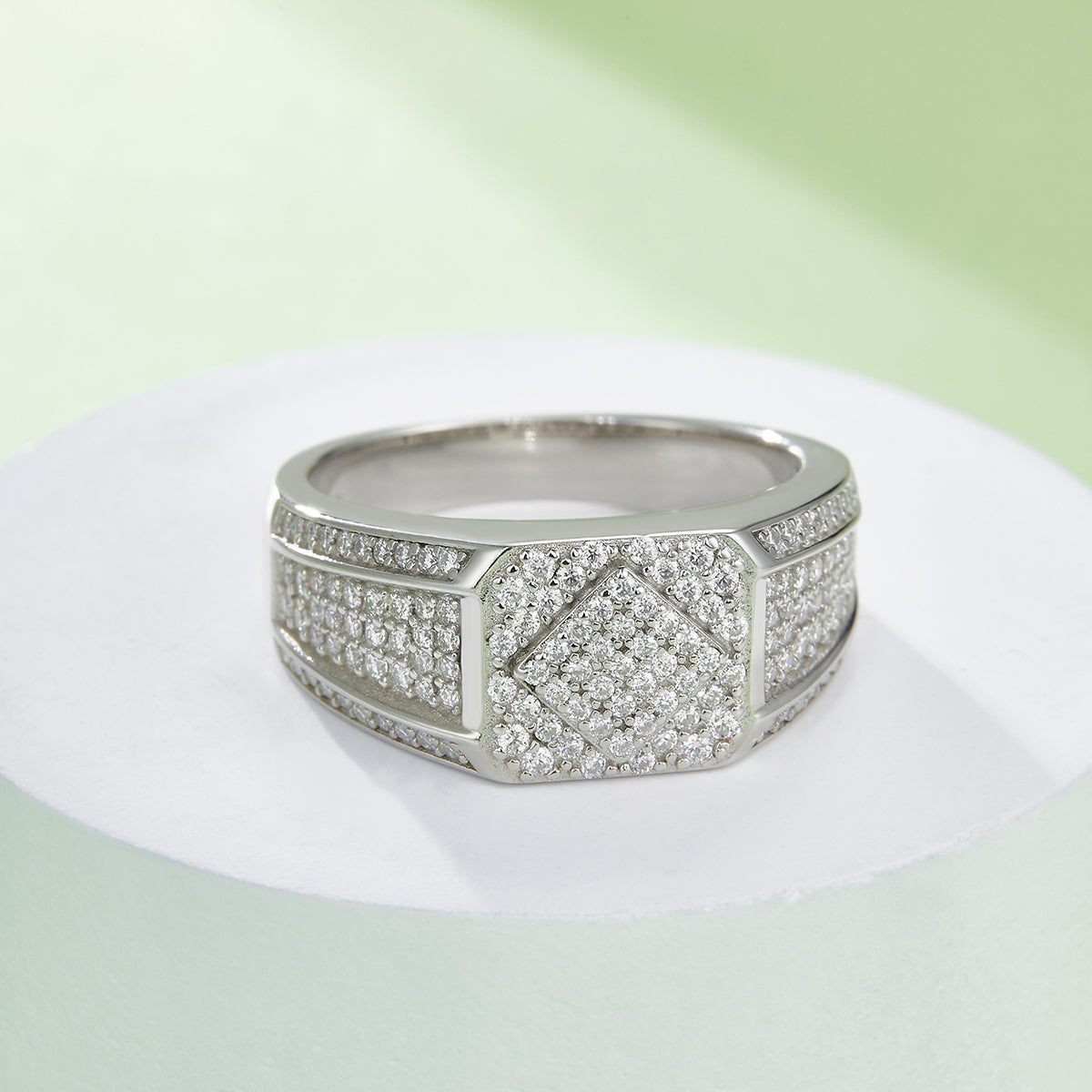 0.94 CT D Color Moissanite Melee Halo Men's Band in White Gold Plated Sterling Silver#5