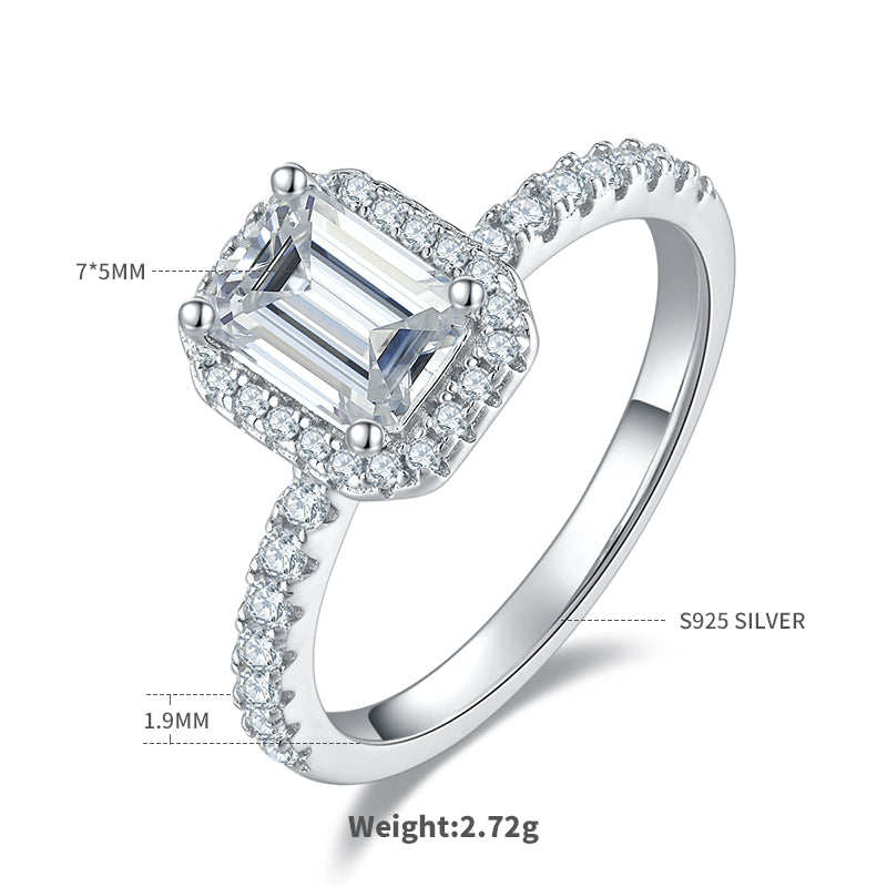 1.0 CT D Color Emerald Cut Moissanite Dainty Ring in White Gold Plated Sterling Silver#1
