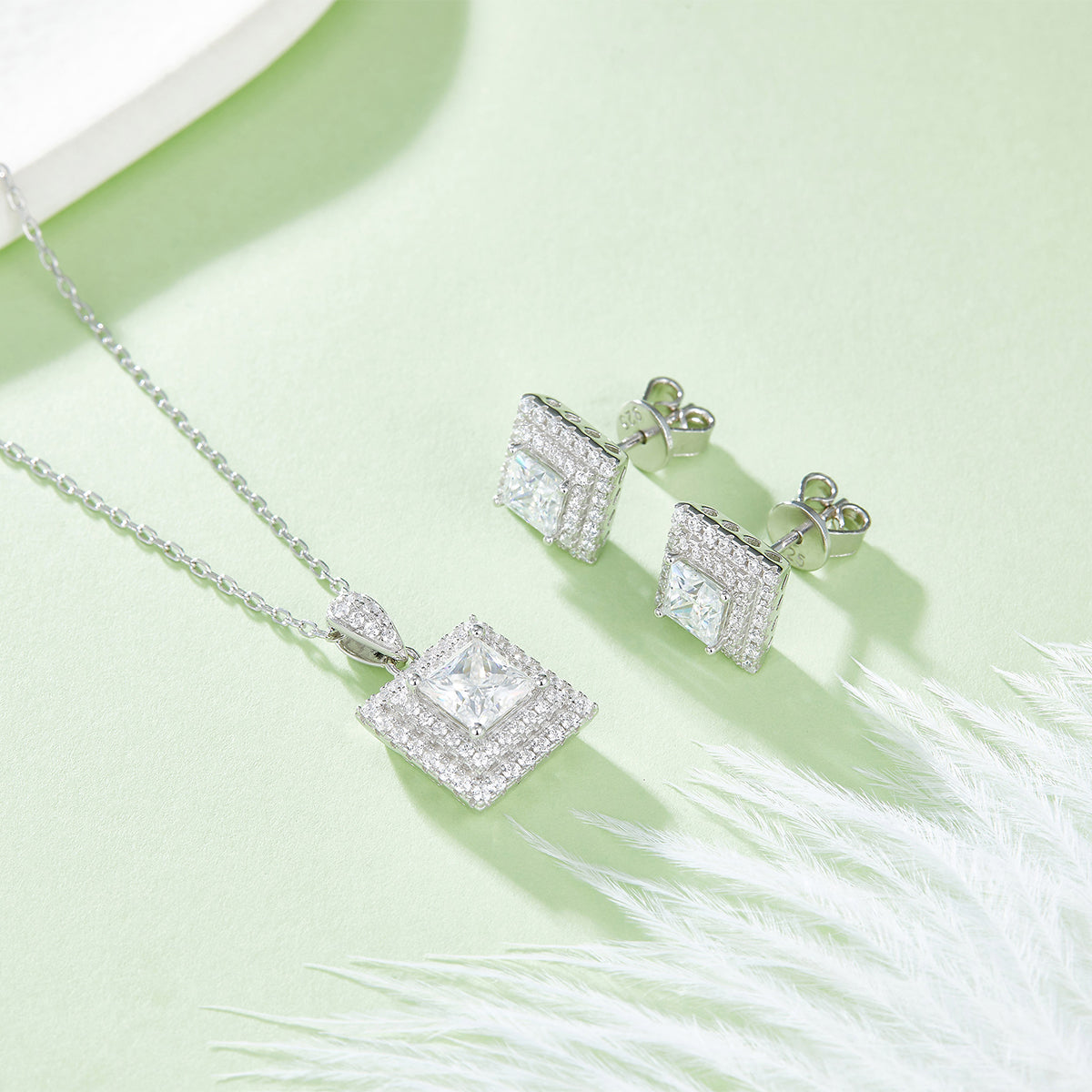 Princess Cut Moissanite Halo Pendant & Stud Earrings Set in White Gold Plated Sterling Silver#7