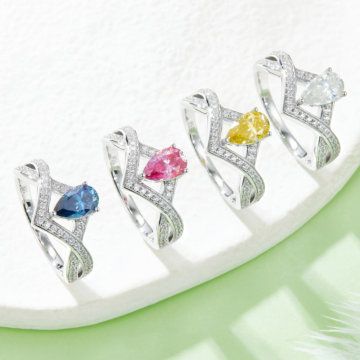 1.0 CT D Color Colored Moissanite V-Shaped Lock of Love Pear Ring in White Gold Plated Sterling Silver#12