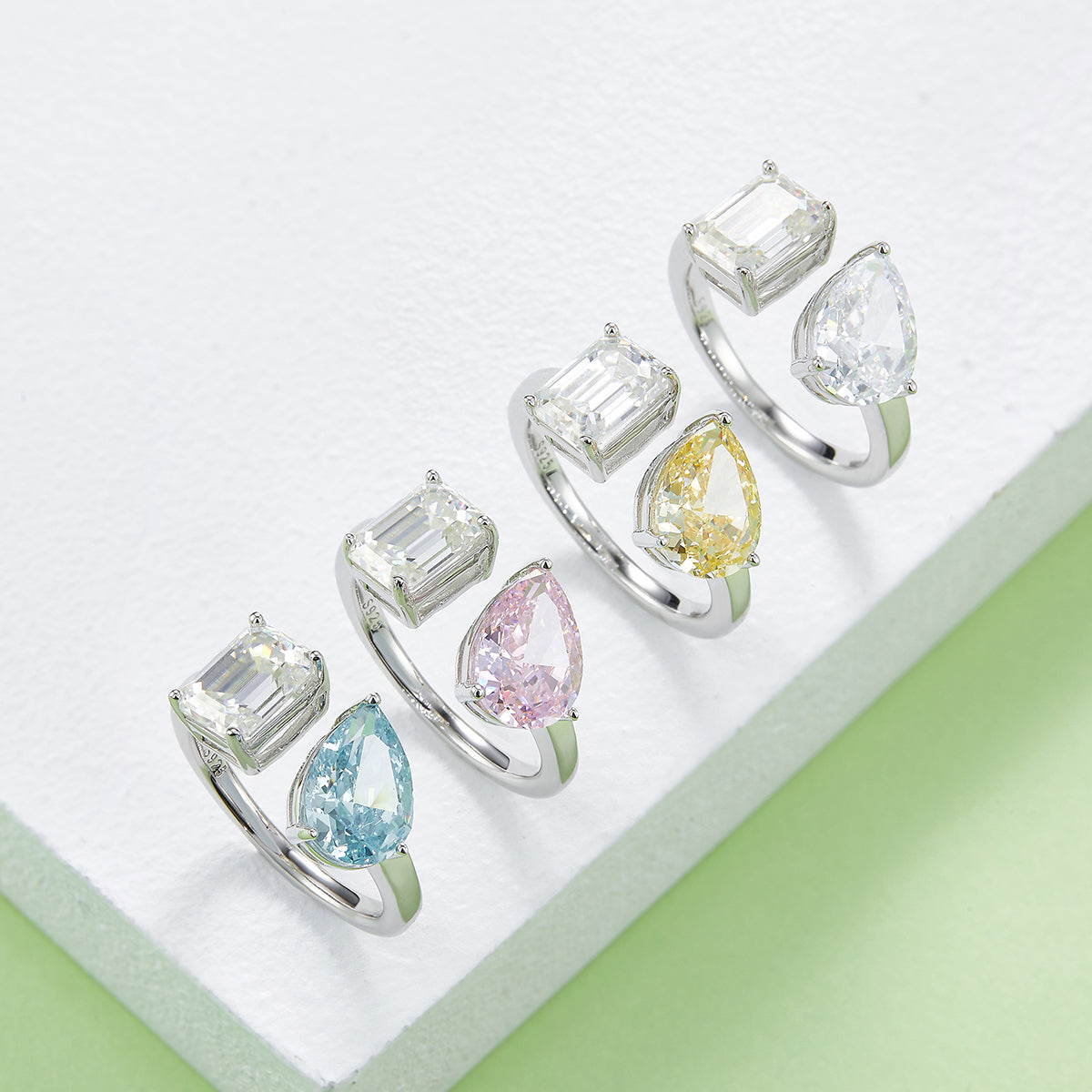 2.0 CT D Color Pear Crushed Ice and Emerald Cut Moissanite Ring in White Gold Plated Sterling Silver#11