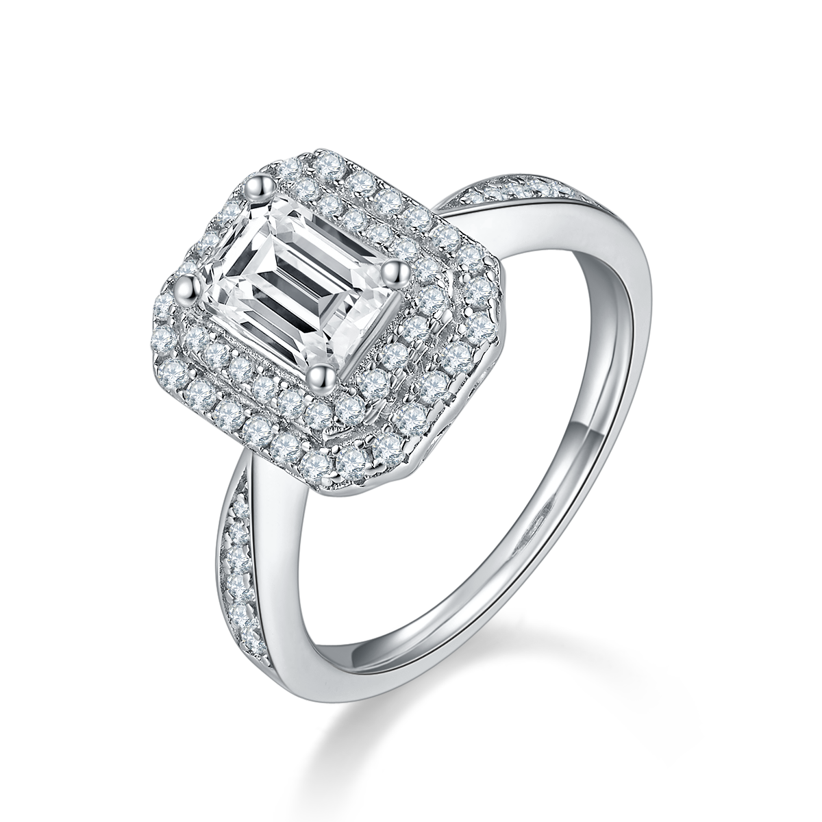 1.0 CT D Color Emerald Cut Moissanite Halo Ring in White Gold Plated Sterling Silver#6