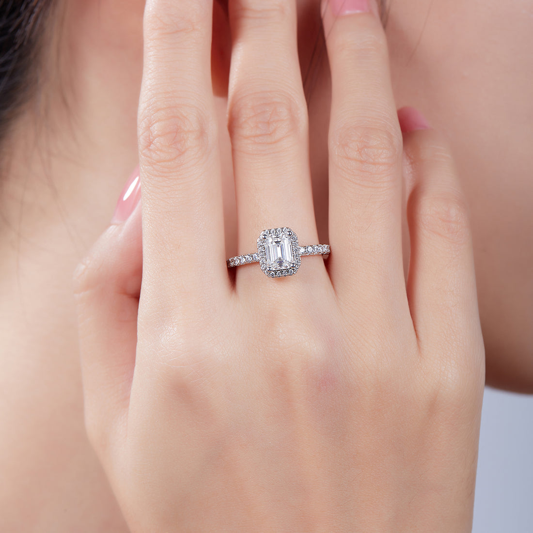 1.0 CT D Color Emerald Cut Moissanite Dainty Ring in White Gold Plated Sterling Silver#5