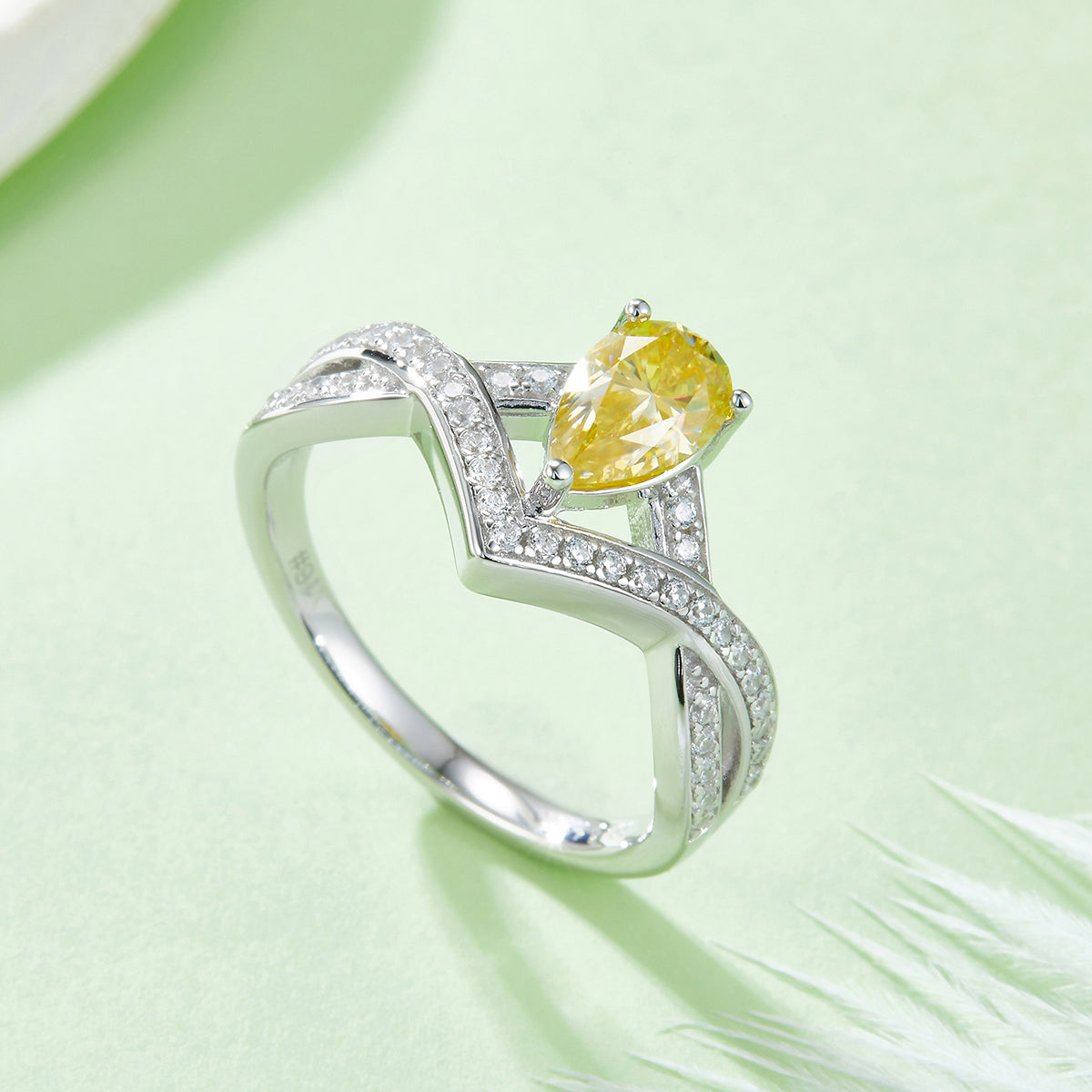1.0 CT D Color Colored Moissanite V-Shaped Lock of Love Pear Ring in White Gold Plated Sterling Silver#10