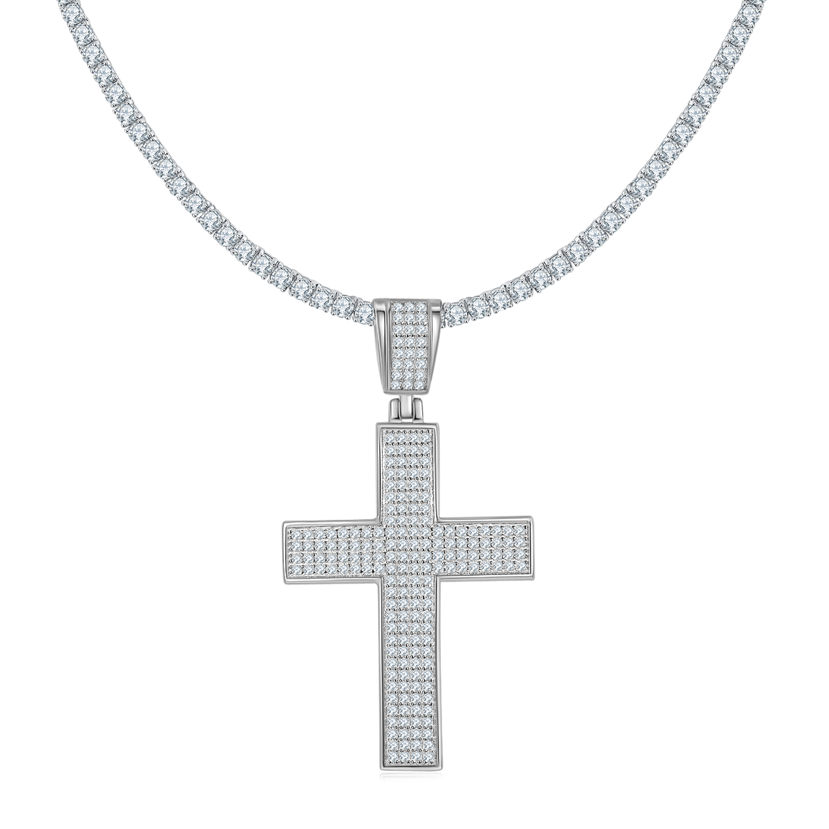 D Color Moissanite Melee Classic Halo Cross Pendant in Sterling Silver#3