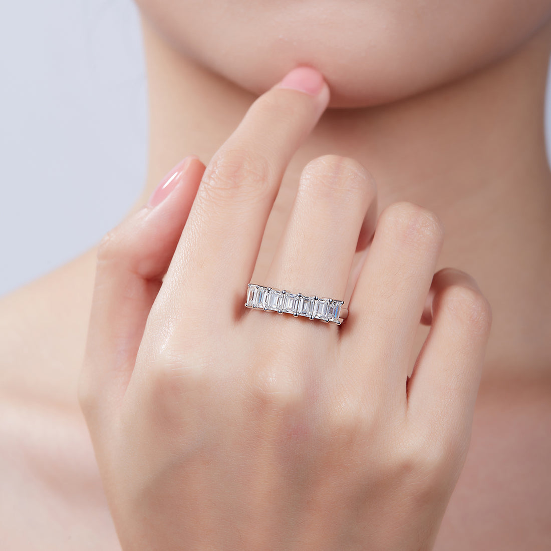 2.1 CT D Color Emerald Cut Moissanite Eternity Band in White Gold Plated Sterling Silver#3