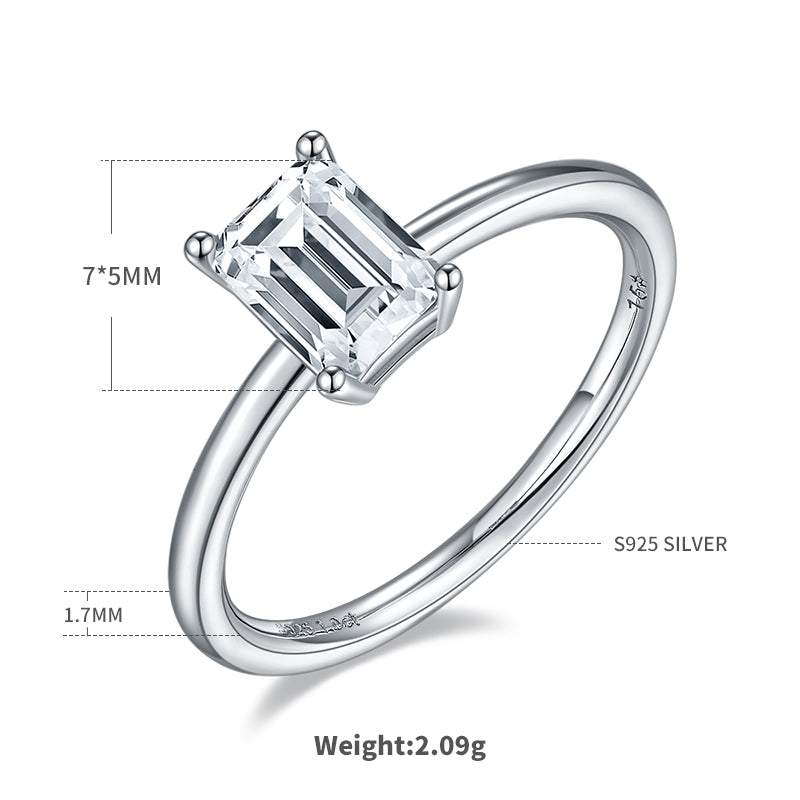 1.0 CT D Color Emerald Cut Moissanite Classic Ring in White Gold Plated Sterling Silver#1