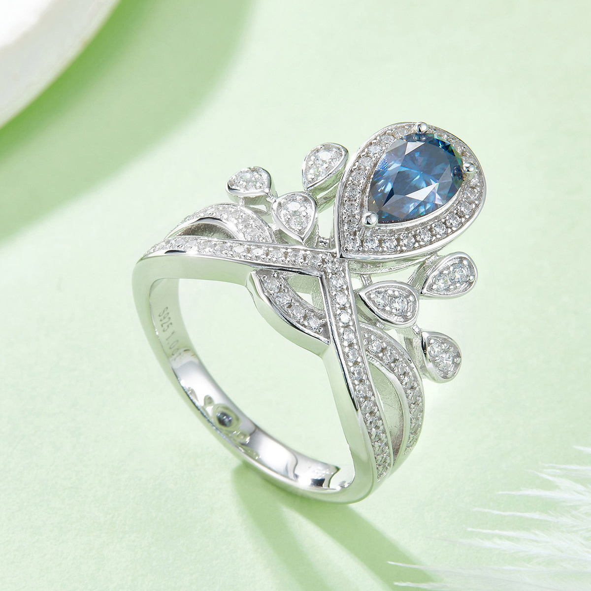 1.0 CT D Color Colored Moissanite V-Shaped Crown Pear Ring in White Gold Plated Sterling Silver#10