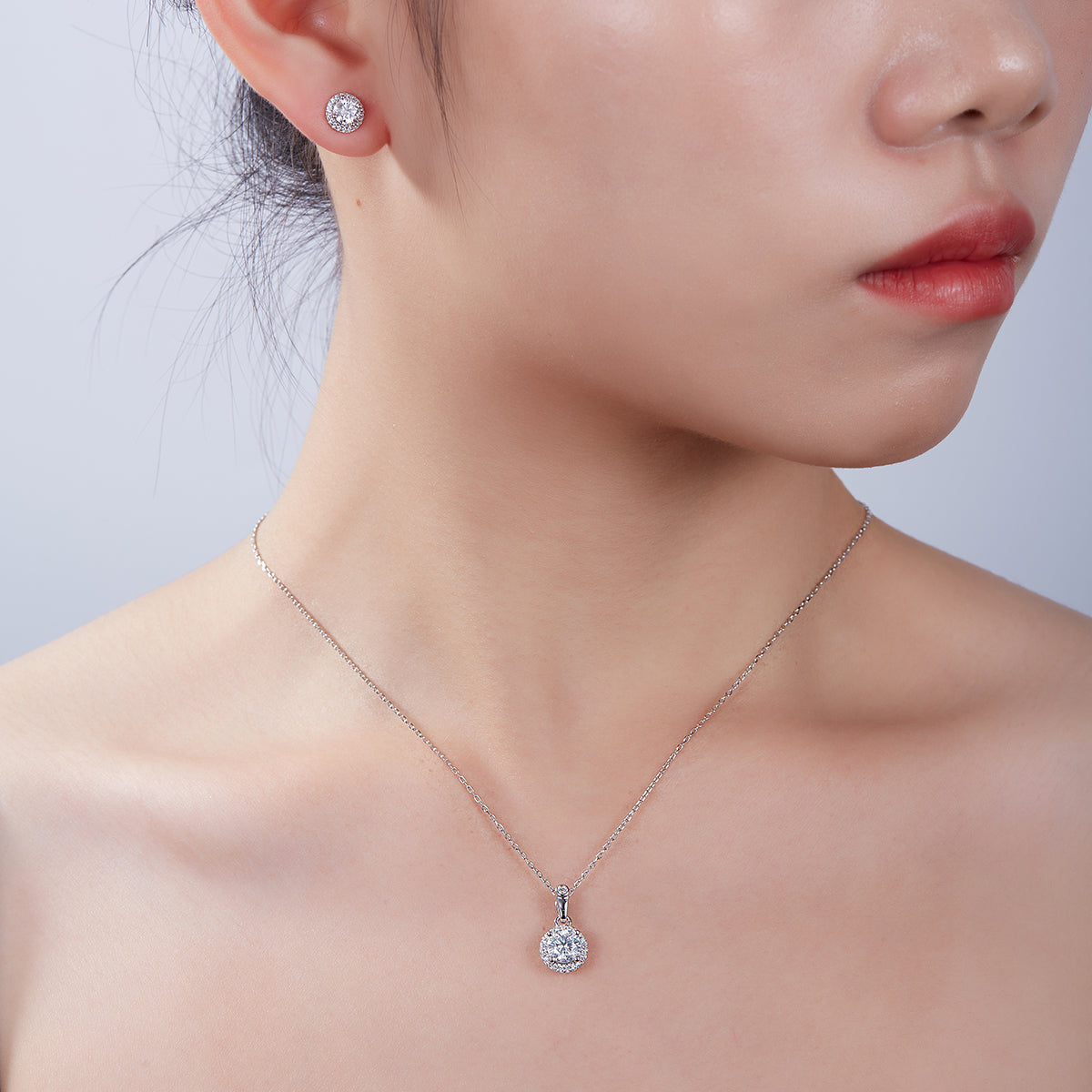 Round Cut Moissanite Dainty Pendant & Stud Earrings Set in White Gold Plated Sterling Silver#10