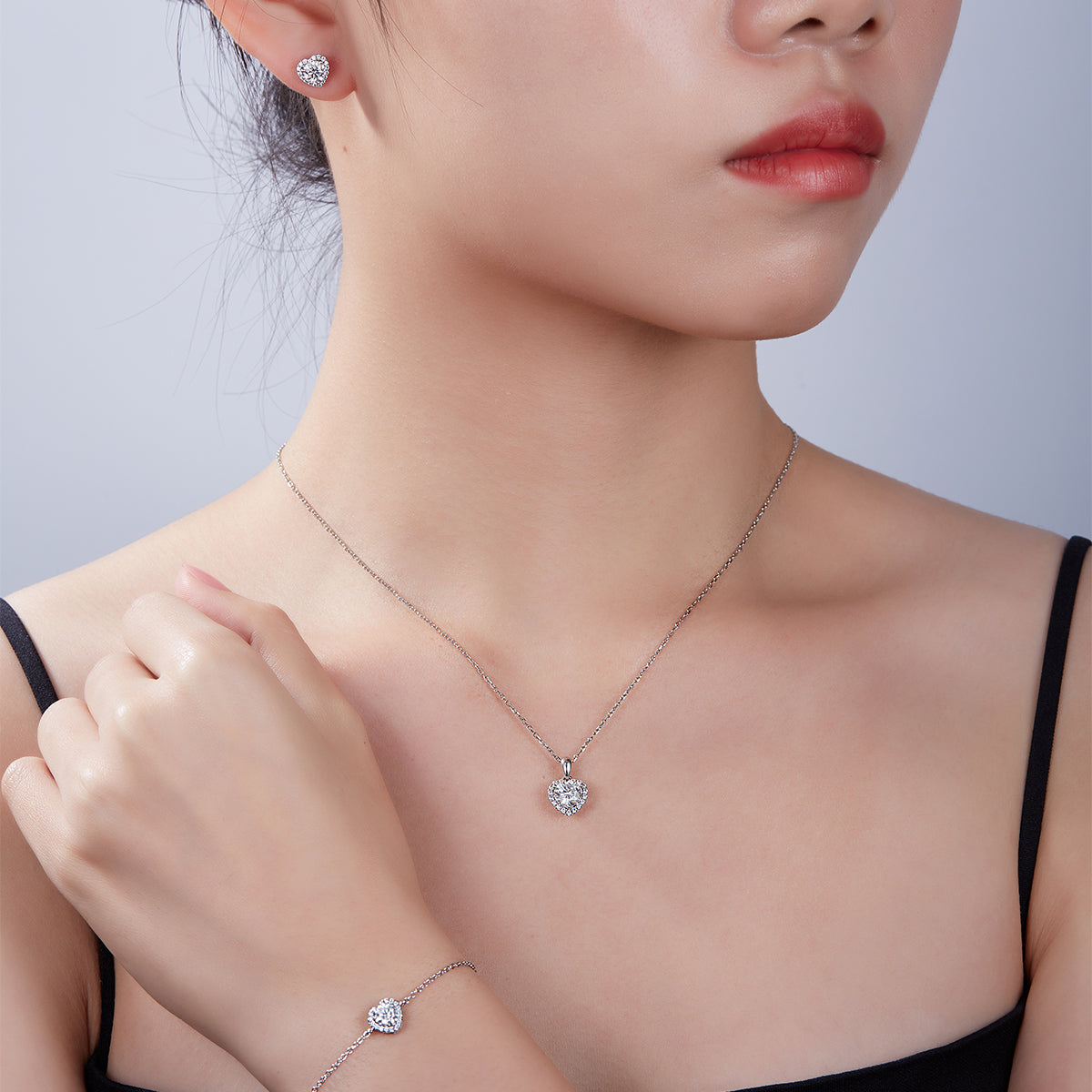 Moissanite Wholehearted Pendant & Stud Earrings Set in White Gold Plated Sterling Silver#10