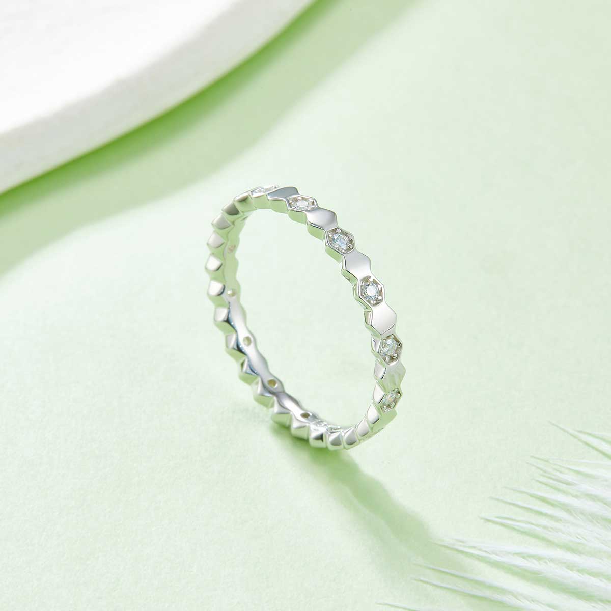 0.2 CT D Color Moissanite Melee Honeycomb Ring in White Gold Plated Sterling Silver#4