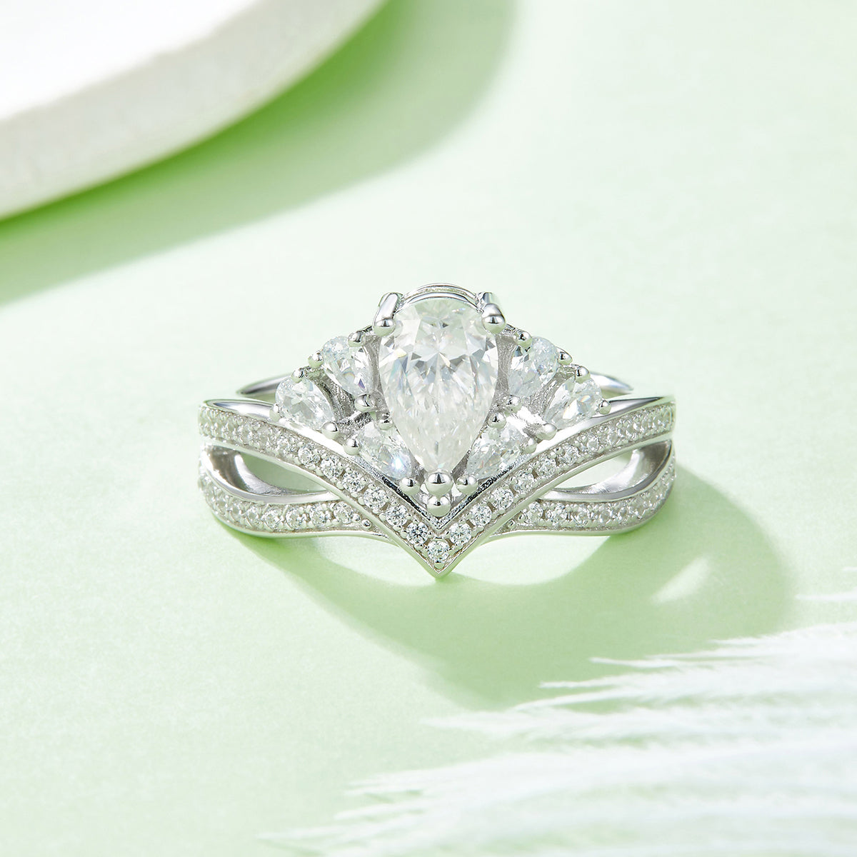1.0 CT D Color Colored Moissanite V-Shaped Elegant Pear Drop Ring in White Gold Plated Sterling Silver#7