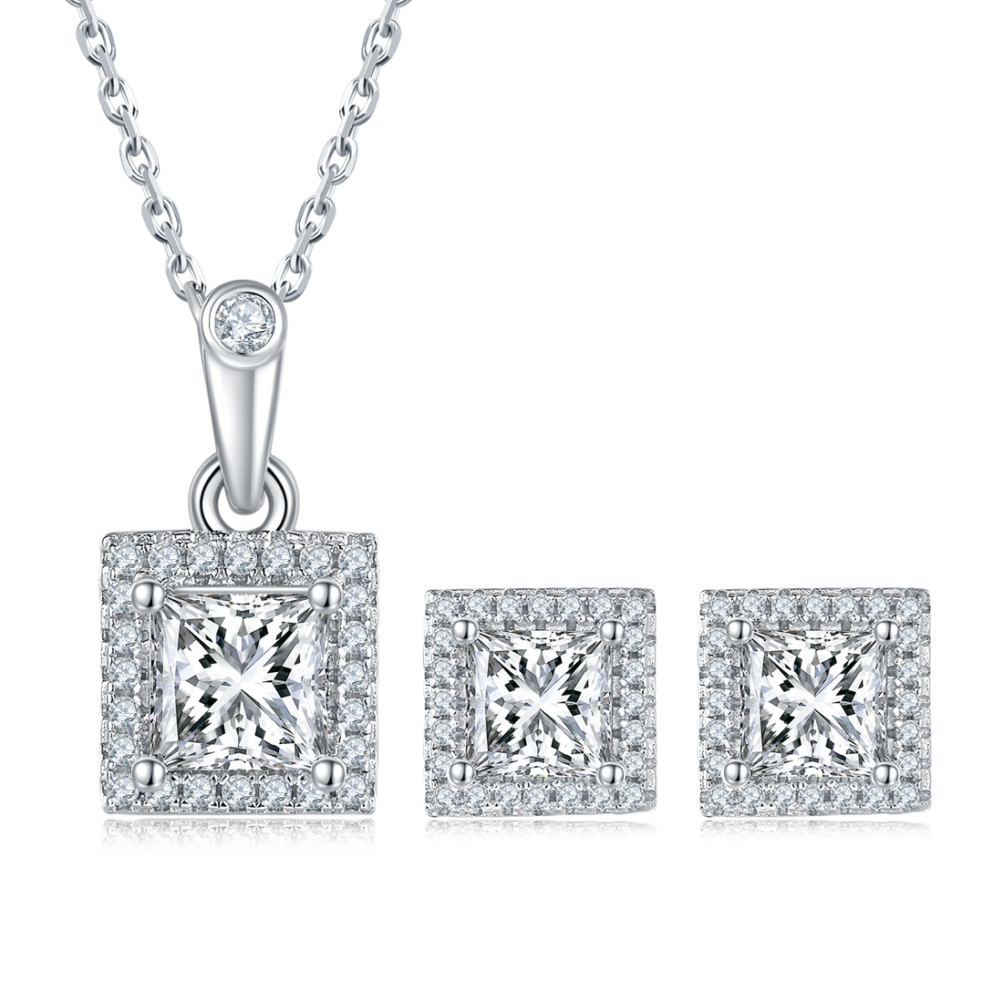 Princess Cut Moissanite Dainty Pendant & Stud Earrings Set in White Gold Plated Sterling Silver#4