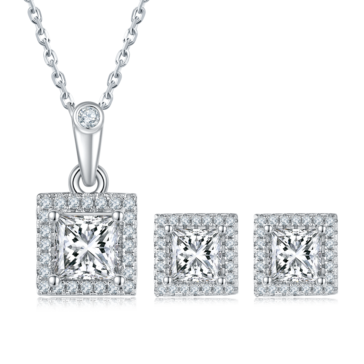 Princess Cut Moissanite Dainty Pendant & Stud Earrings Set in White Gold Plated Sterling Silver#4