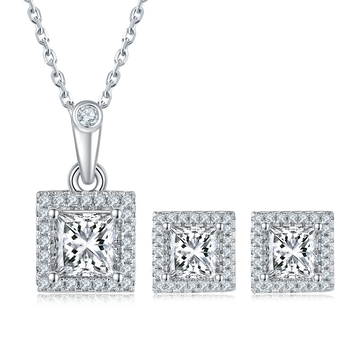 Princess Cut Moissanite Dainty Pendant & Stud Earrings Set in White Gold Plated Sterling Silver#4