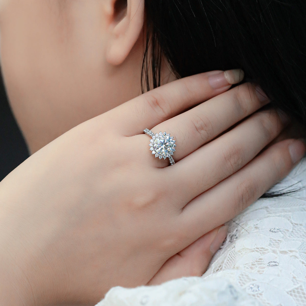 3.0 CT D Color Moissanite Sunflower Custom Ring in White Gold Plated Sterling Silver#12