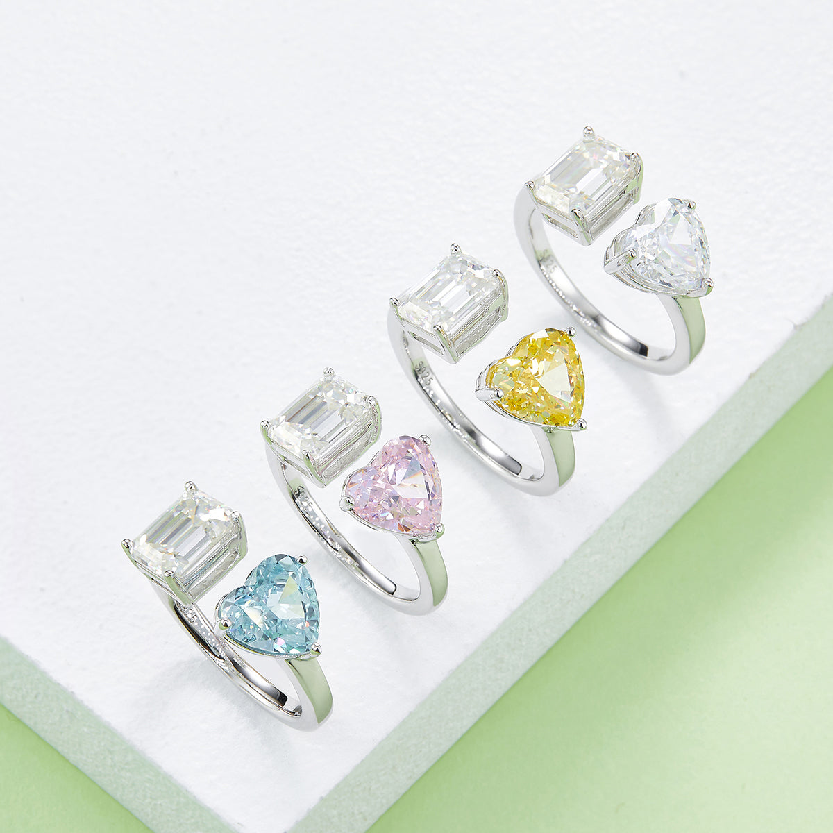 2.0 CT D Color Heart Crushed Ice and Emerald Cut Moissanite Ring in White Gold Plated Sterling Silver#11