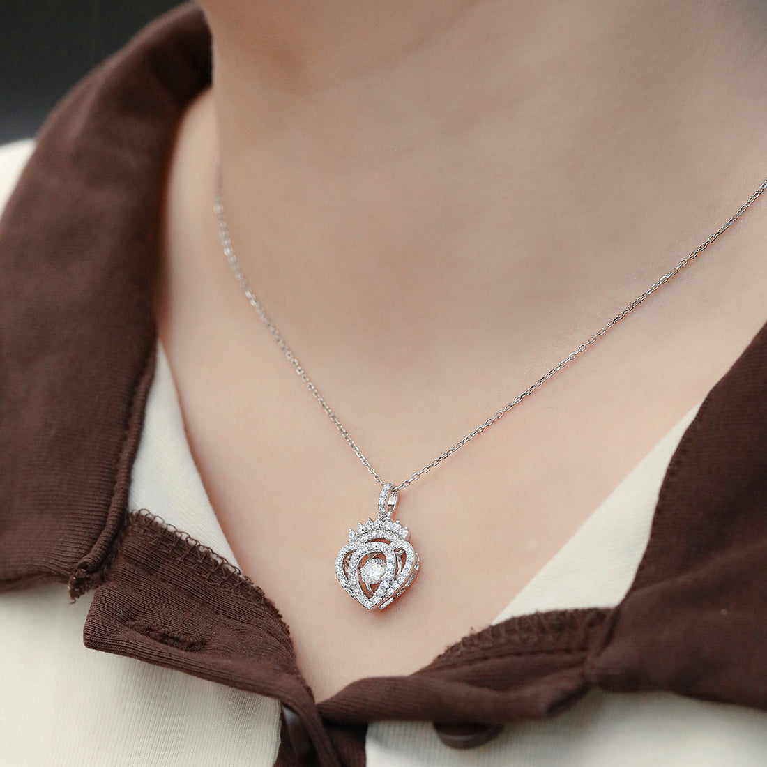 0.5 CT D Color Dancing Moissanite Heart Necklace in White Gold Plated Sterling Silver#0