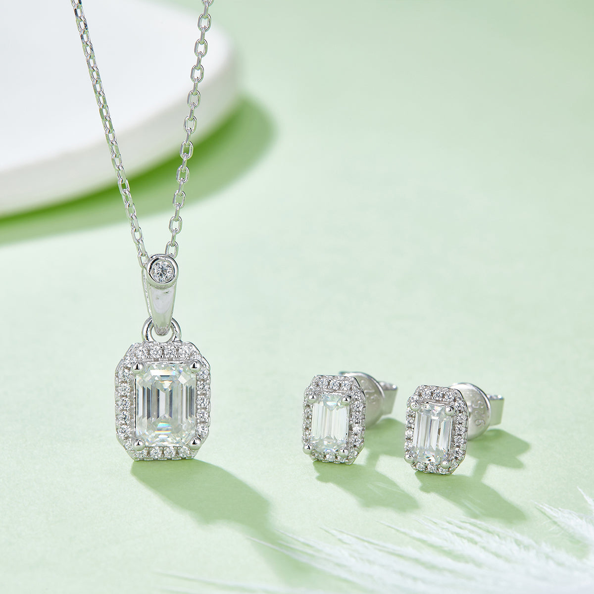 Emerald Cut Moissanite Dainty Pendant & Stud Earrings Set in White Gold Plated Sterling Silver#9
