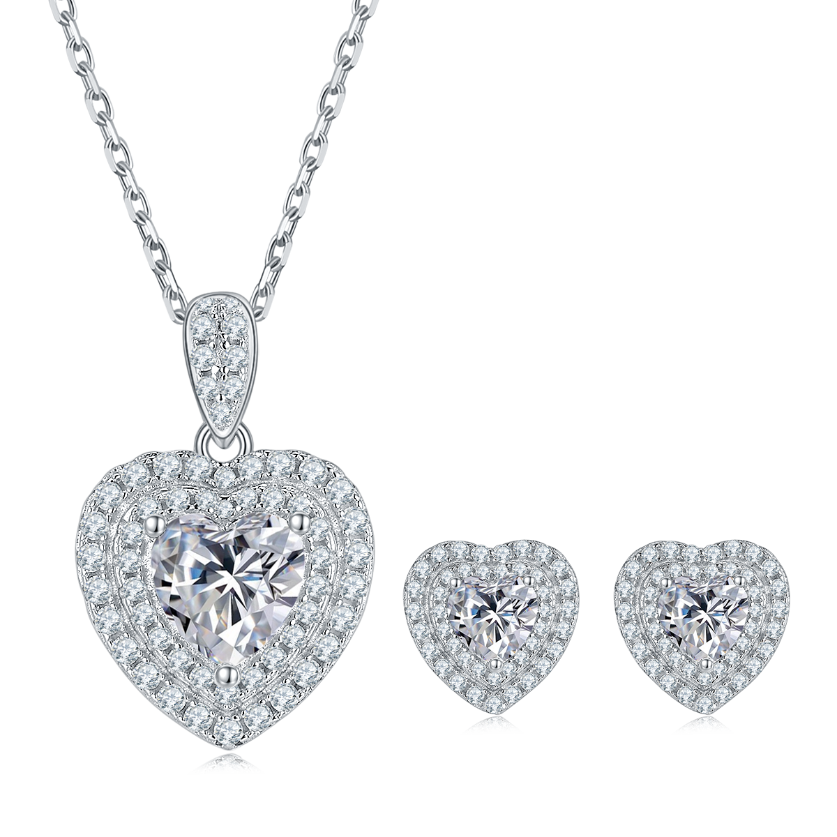 Heart Cut Moissanite Halo Pendant & Stud Earrings Set in White Gold Plated Sterling Silver#4