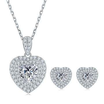 Heart Cut Moissanite Halo Pendant & Stud Earrings Set in White Gold Plated Sterling Silver#4