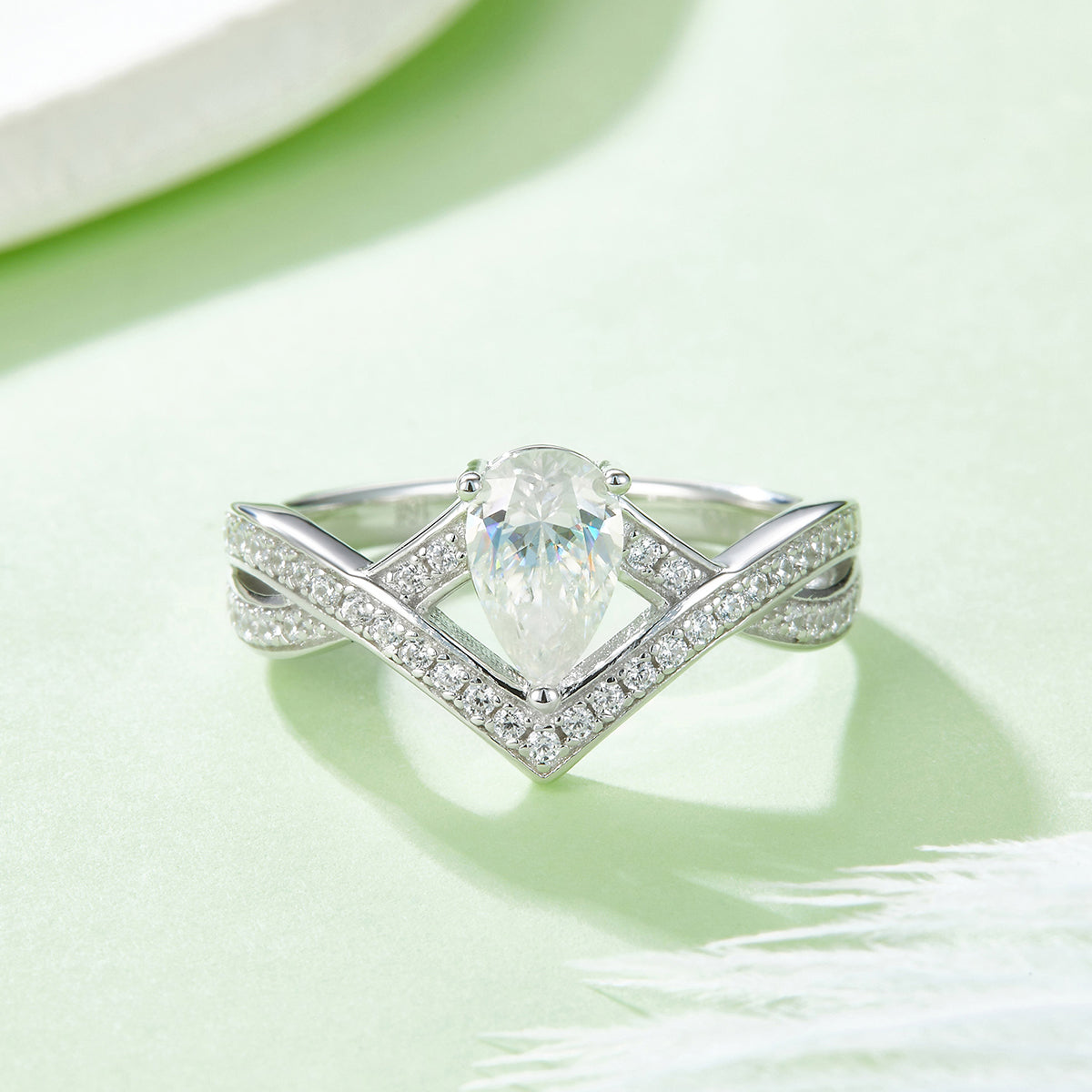 1.0 CT D Color Colored Moissanite V-Shaped Lock of Love Pear Ring in White Gold Plated Sterling Silver#8