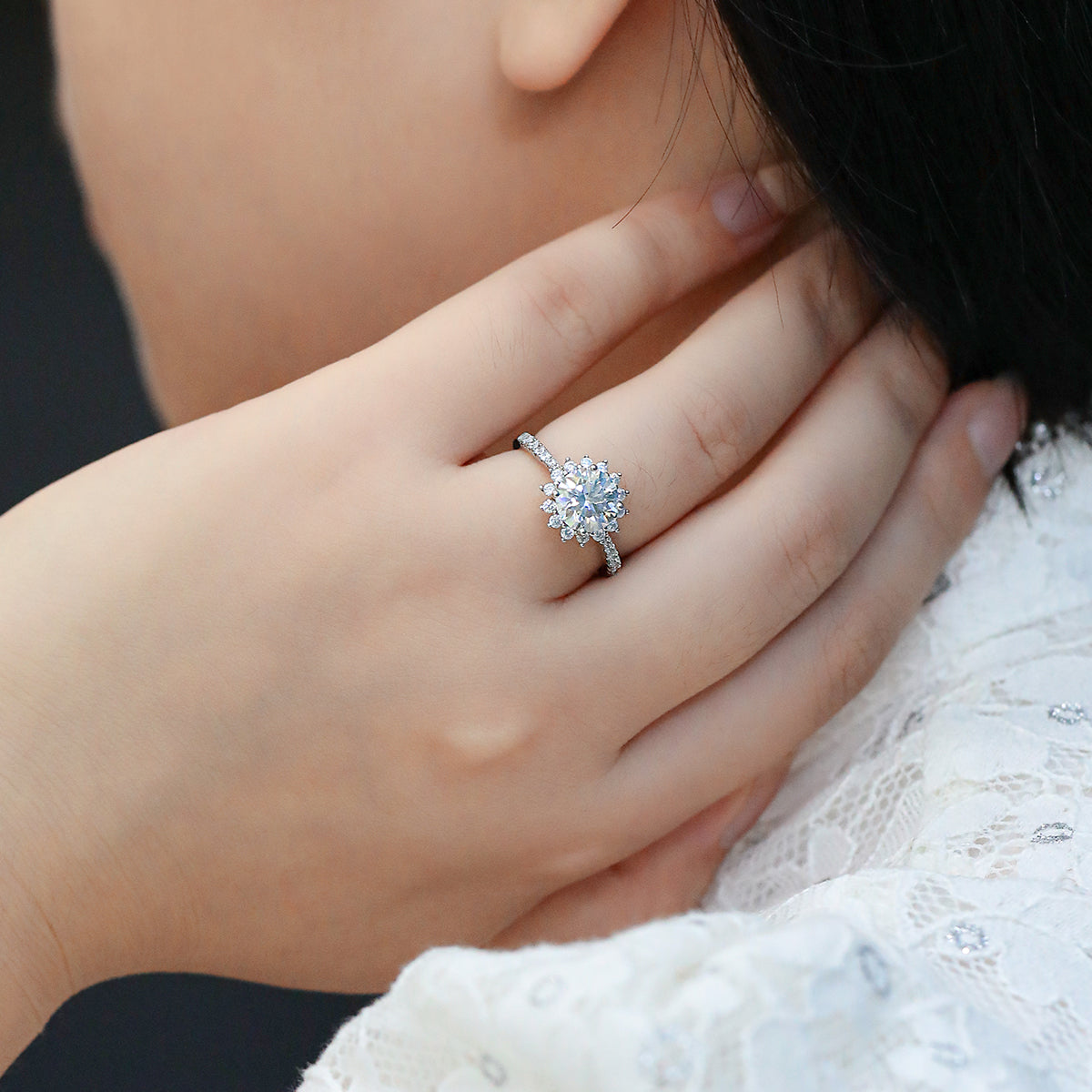 2.0 CT D Color Moissanite Sunflower Custom Ring in White Gold Plated Sterling Silver#12