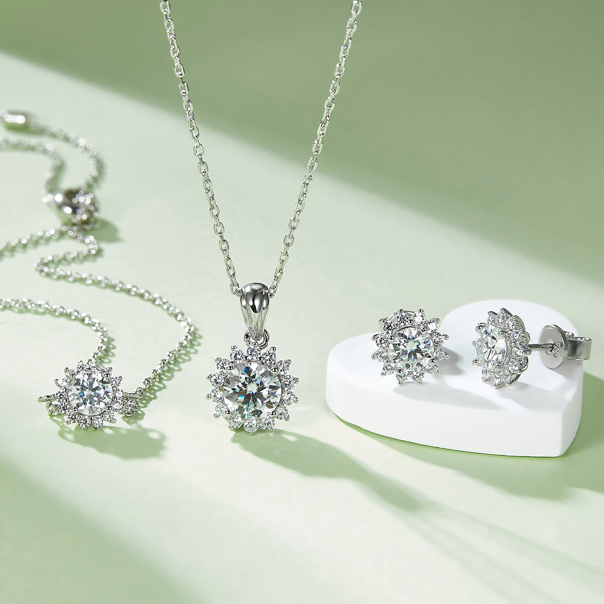 Moissanite Sunflower Pendant & Stud Earrings Set in White Gold Plated Sterling Silver#9