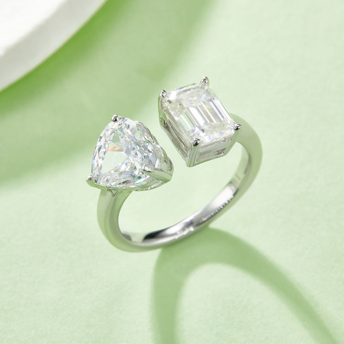 2.0 CT D Color Heart Crushed Ice and Emerald Cut Moissanite Ring in White Gold Plated Sterling Silver#7