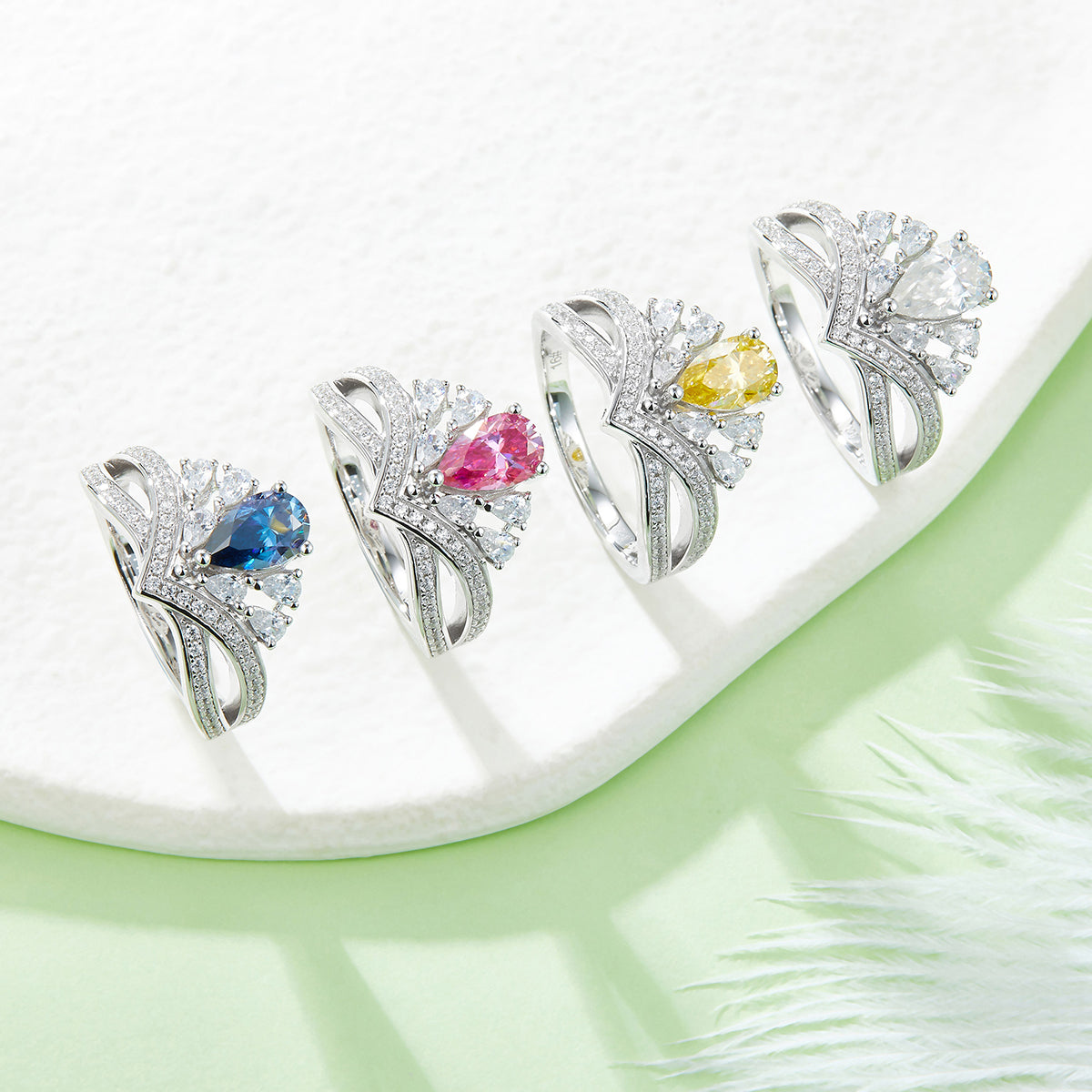 1.0 CT D Color Colored Moissanite V-Shaped Elegant Pear Drop Ring in White Gold Plated Sterling Silver#11