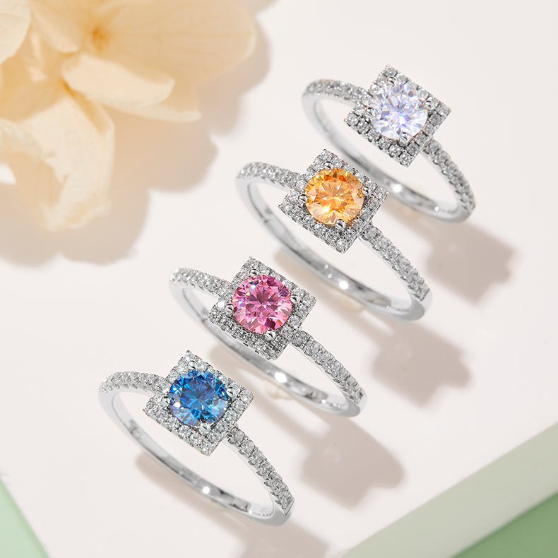 0.5 CT D Color Square Bezel Set Moissanite Halo Ring in White Gold Plated Sterling Silver#11