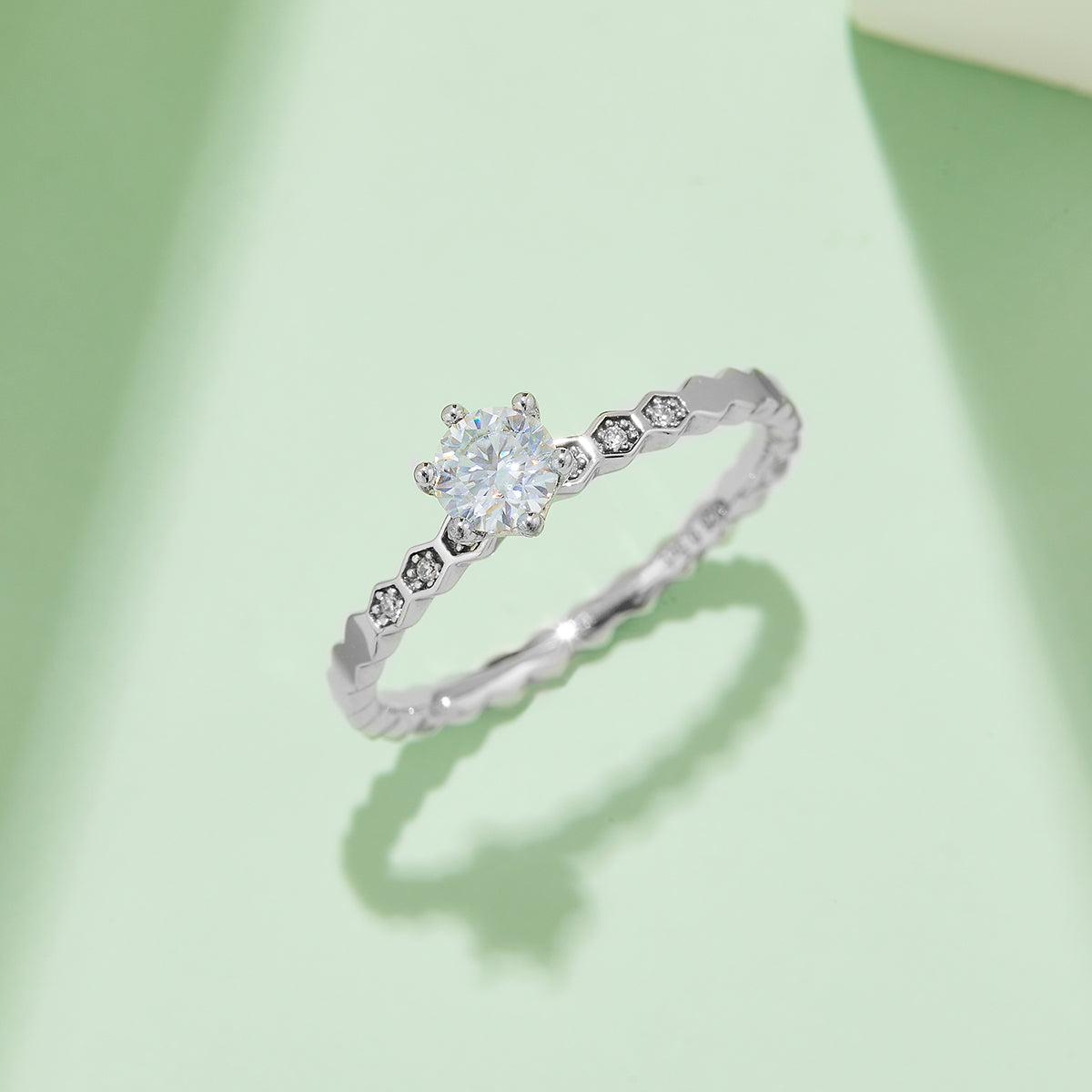 0.5 CT D Color Moissanite Honeycomb Straight Shank Ring in White Gold Plated Sterling Silver#7