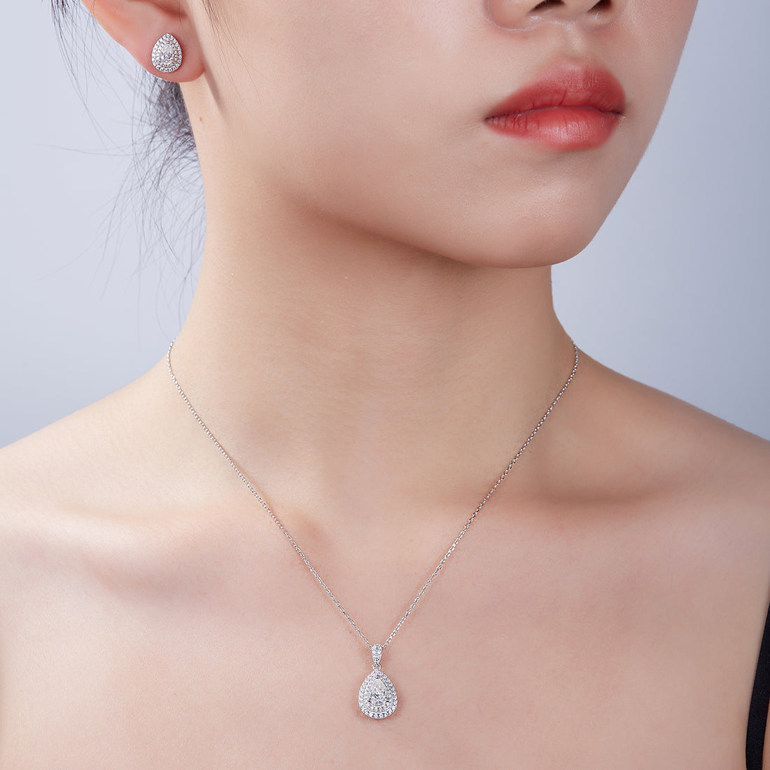 Pear Cut Moissanite Halo Pendant & Stud Earrings Set in White Gold Plated Sterling Silver#4