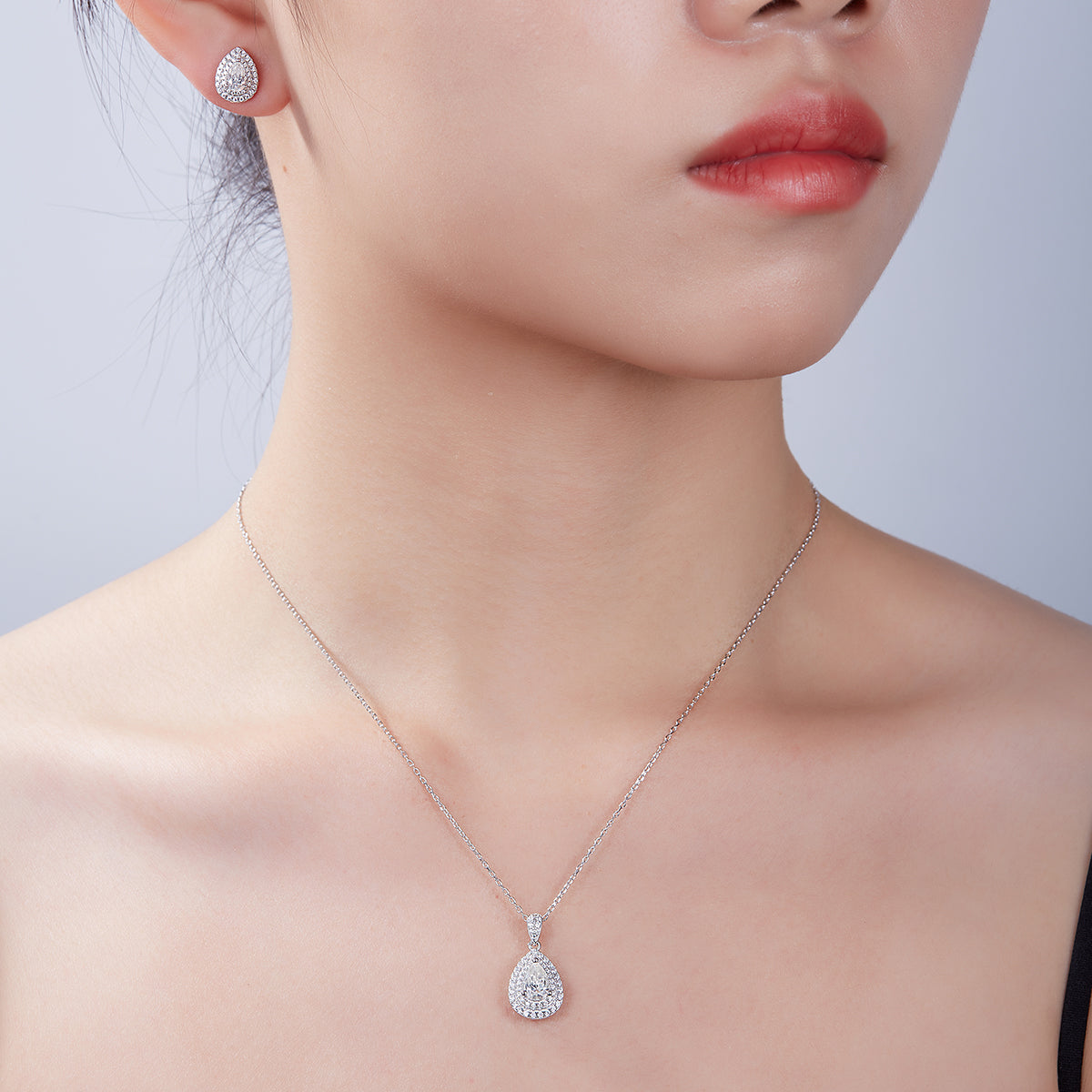 Pear Cut Moissanite Halo Pendant & Stud Earrings Set in White Gold Plated Sterling Silver#10