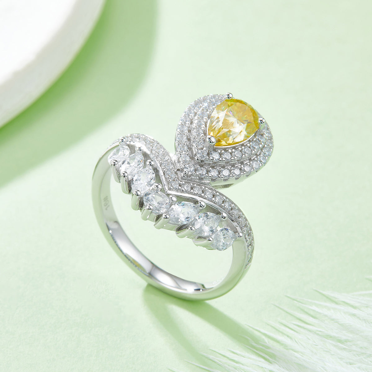 1.0 CT D Color Colored Moissanite V-Shaped Pearl Pear Drop Ring in White Gold Plated Sterling Silver#9