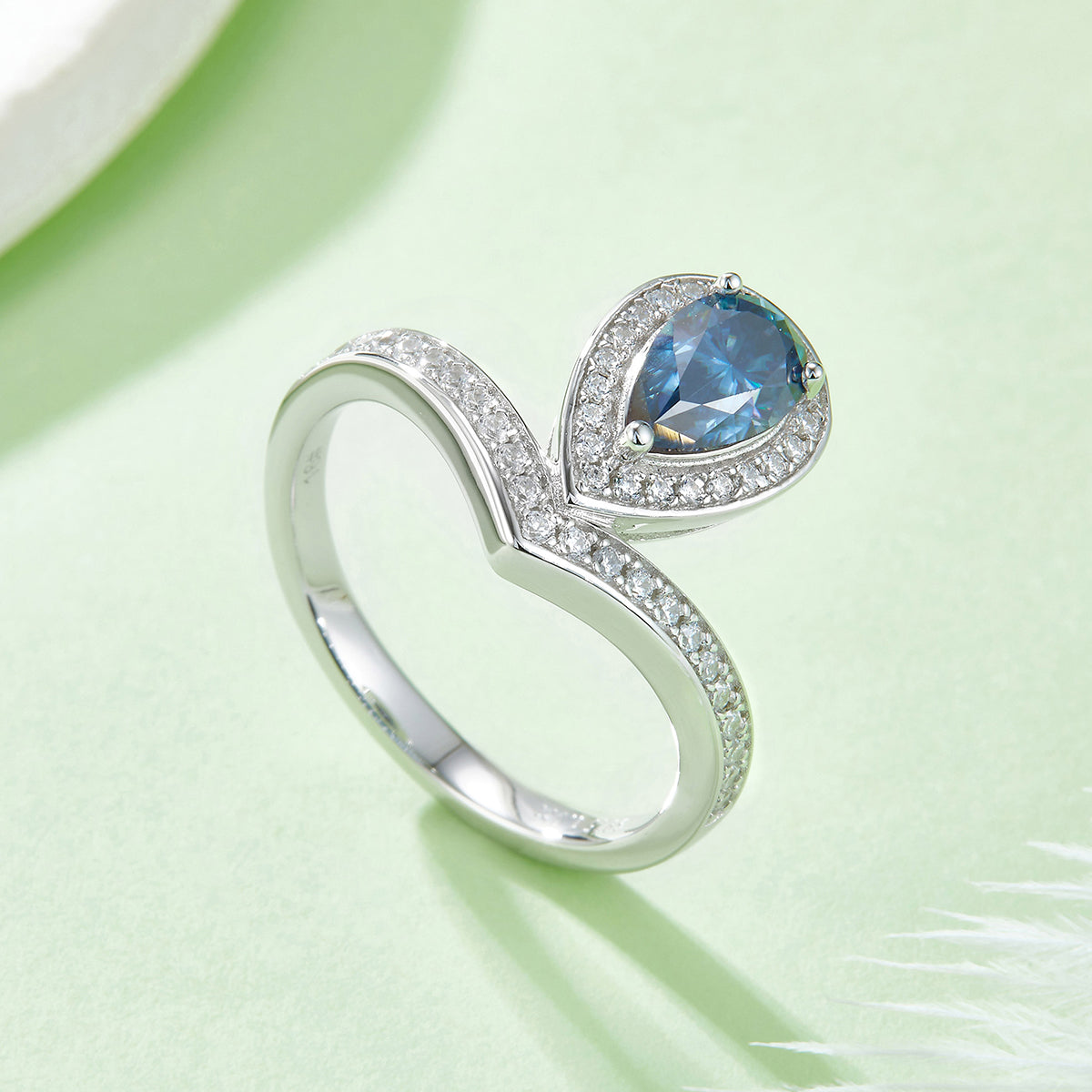 1.0 CT D Color Colored Moissanite V-Shaped Tiger Prong Pear Ring in White Gold Plated Sterling Silver#10