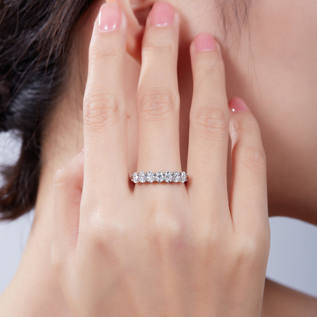2.1 CT D Color Oval Cut Moissanite Eternity Band in White Gold Plated Sterling Silver#7