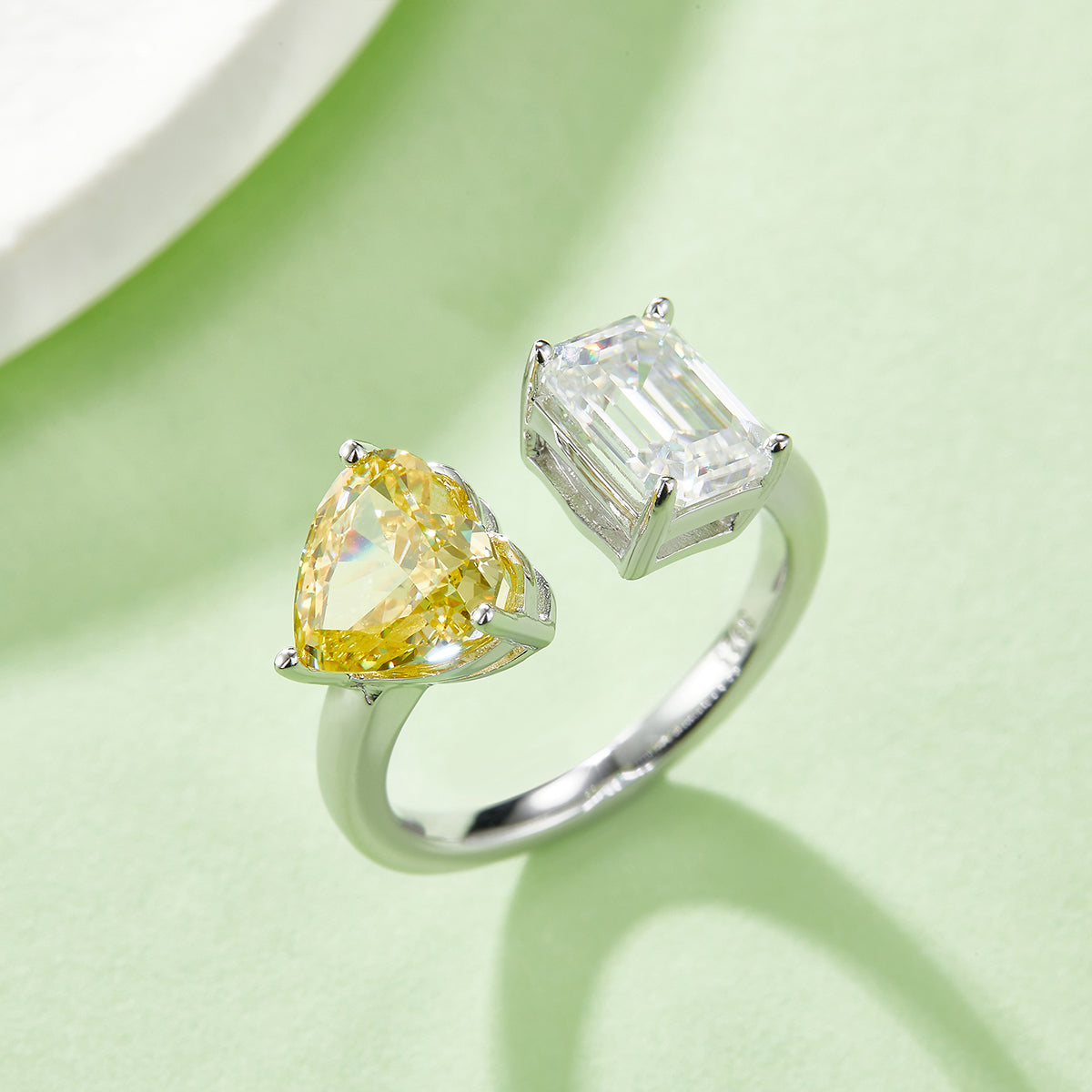 2.0 CT D Color Heart Crushed Ice and Emerald Cut Moissanite Ring in White Gold Plated Sterling Silver#9
